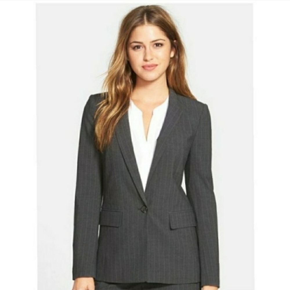 Halogen Pinstriped Gray Wool Blend Petite Blazer Jacket Size 6P